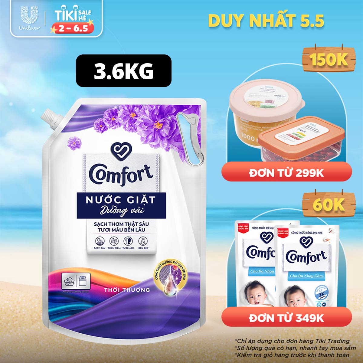 Nước giặt dưỡng vải Comfort Nước giặt xả đa chức năng hương Thời Thượng giúp quần áo sạch thơm &amp; tươi màu Túi 3.8kg