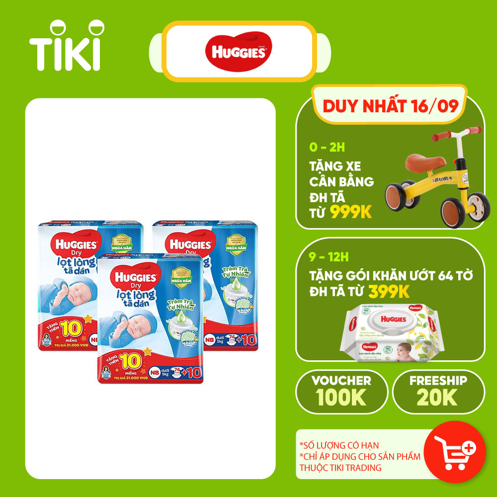 Combo 3 gói tã dán sơ sinh Huggies Tràm Trà Tự Nhiên NB74 (dưới 5kg) - Gói 74 miếng + Tặng 10 miếng