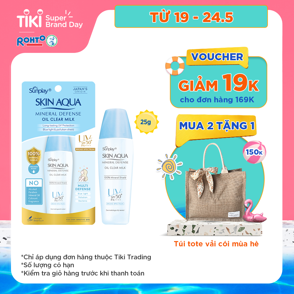 Kem chống nắng vật lý Skin Aqua kiềm dầu, dạng sữa dùng hàng ngày Sunplay Skin Aqua Mineral Defense Oil Clear Milk SPF50+ PA++++ 25g