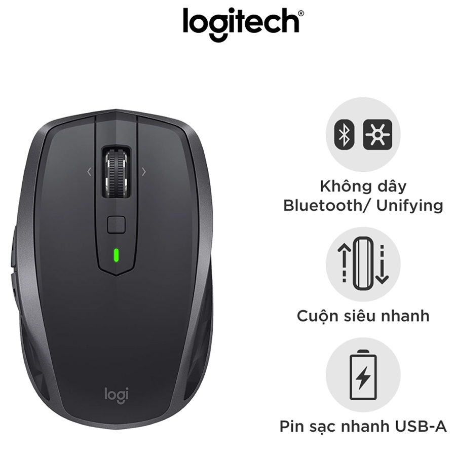 Chuột không dây Bluetooth Logitech MX Anywhere 2s - nhỏ gọn, dùng mọi bề mặt, con lăn HyperFast, sạc nhanh USB-A, phù hợp Mac/ Laptop - Hàng chính hãng