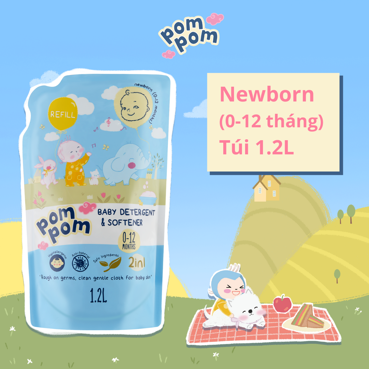 Nước Giặt Xả Pom Pom Newborn chuyên biệt dành cho bé sơ sinh (0 – 12 tháng) - Túi 1.2L