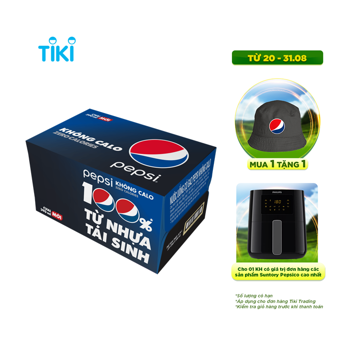 Thùng 24 Chai Nước Ngọt Có Gas Pepsi không calo (390ml / Chai)