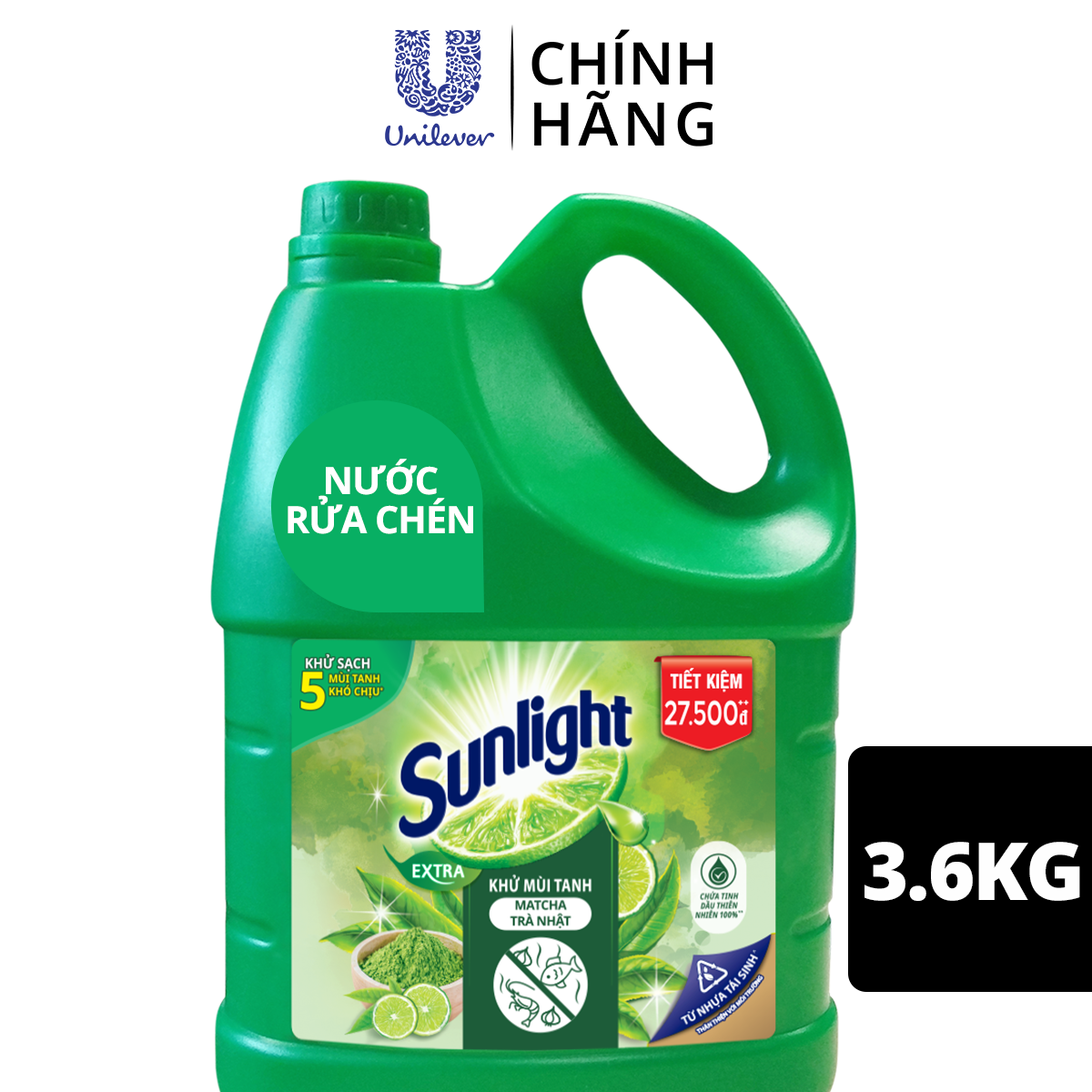 Nước Rửa Chén Khử Mùi Tanh Sunlight Matcha Trà Nhật Mới (3.6kg / Chai)