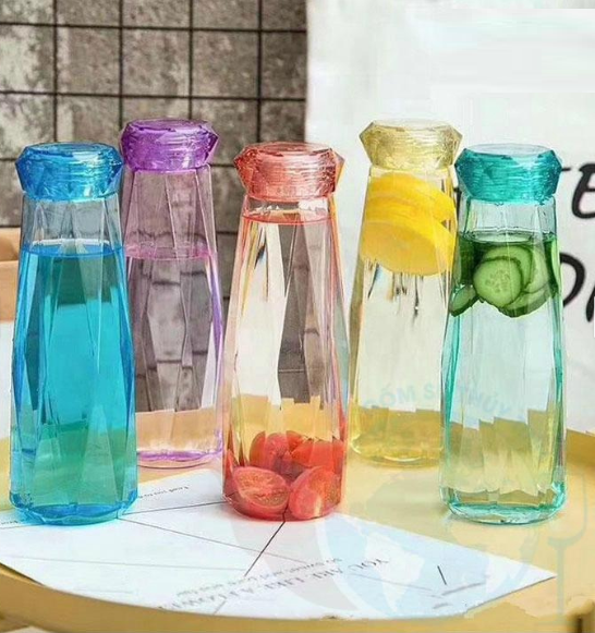Combo 5 chai thủy tinh đựng nước 450ml cao cấp Mẫu giác cắt kim Cương – Bình đựng nước, Café, Trà, Nước Ép cực đẹp cho các anh chị làm văn phòng – hot trend, mẫu mới nhất hiện nay, nhiều màu sắc