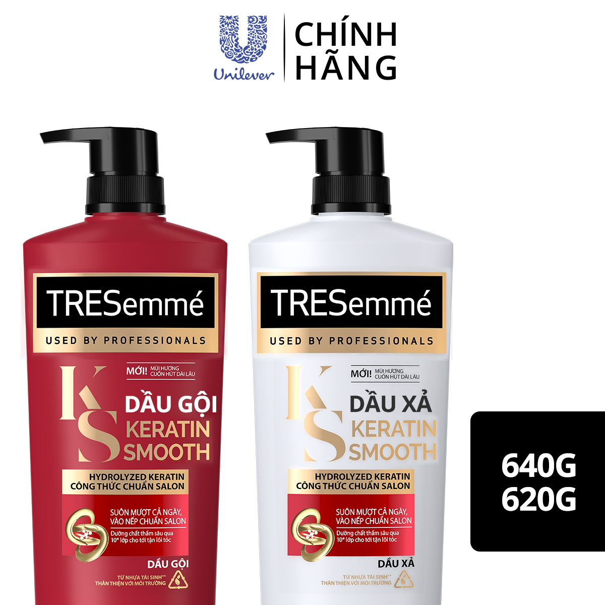 Combo Dầu Gội, Dầu Xả TRESEMME Keratin Smooth Dưỡng tóc khô xơ rối Công thức chuẩn salon Hydrolyzed Keratin trong Dầu Gội và dầu Xả dưỡng Tóc Vào Nếp Suôn Mượt 640g, 620g