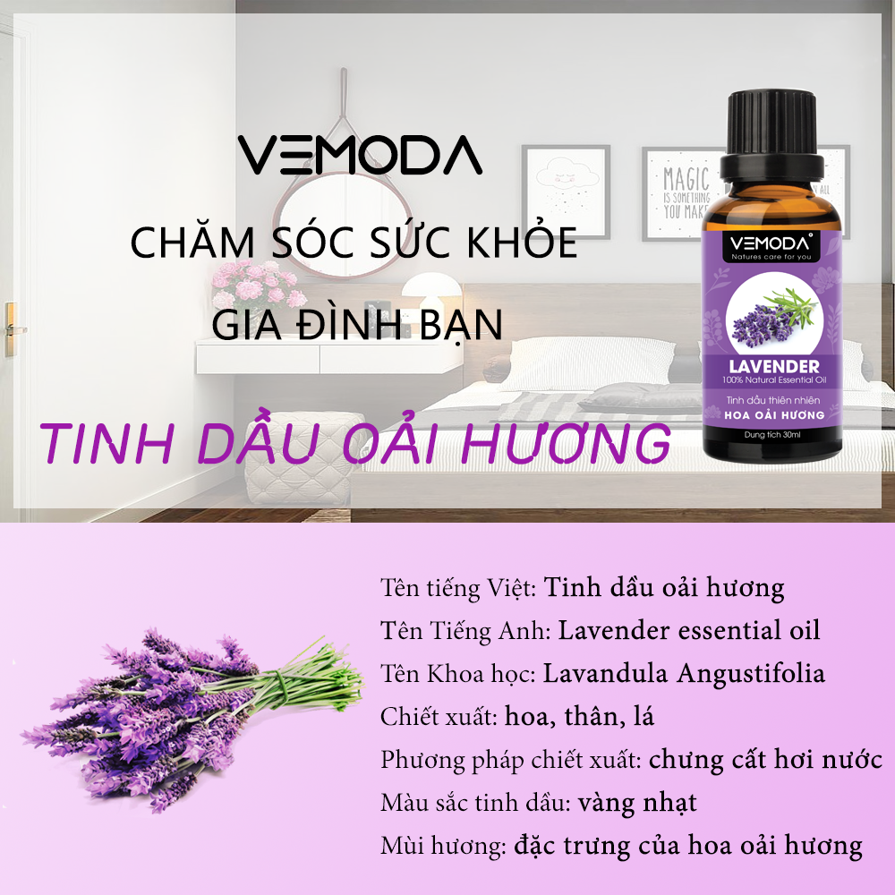 Tinh dầu Oải hương cao cấp. Lavender Essential Oil 50ML. Tinh dầu xông phòng giúp thư giãn, giảm căng thẳng, cải thiện giấc ngủ, khử mùi, thanh lọc không khí. Tinh dầu thơm phòng Vemoda