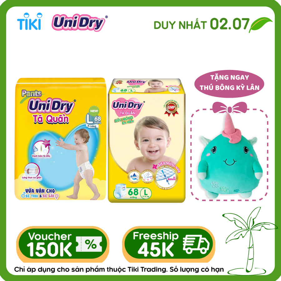 Combo 1 Tã Quần UniDry + 1 Tã Quần Siêu Mỏng UniDry Ultrathin Gói Cực Đại Size L68 (68 Miếng/Gói) - Tặng 1 Thú Bông Kỳ Lân