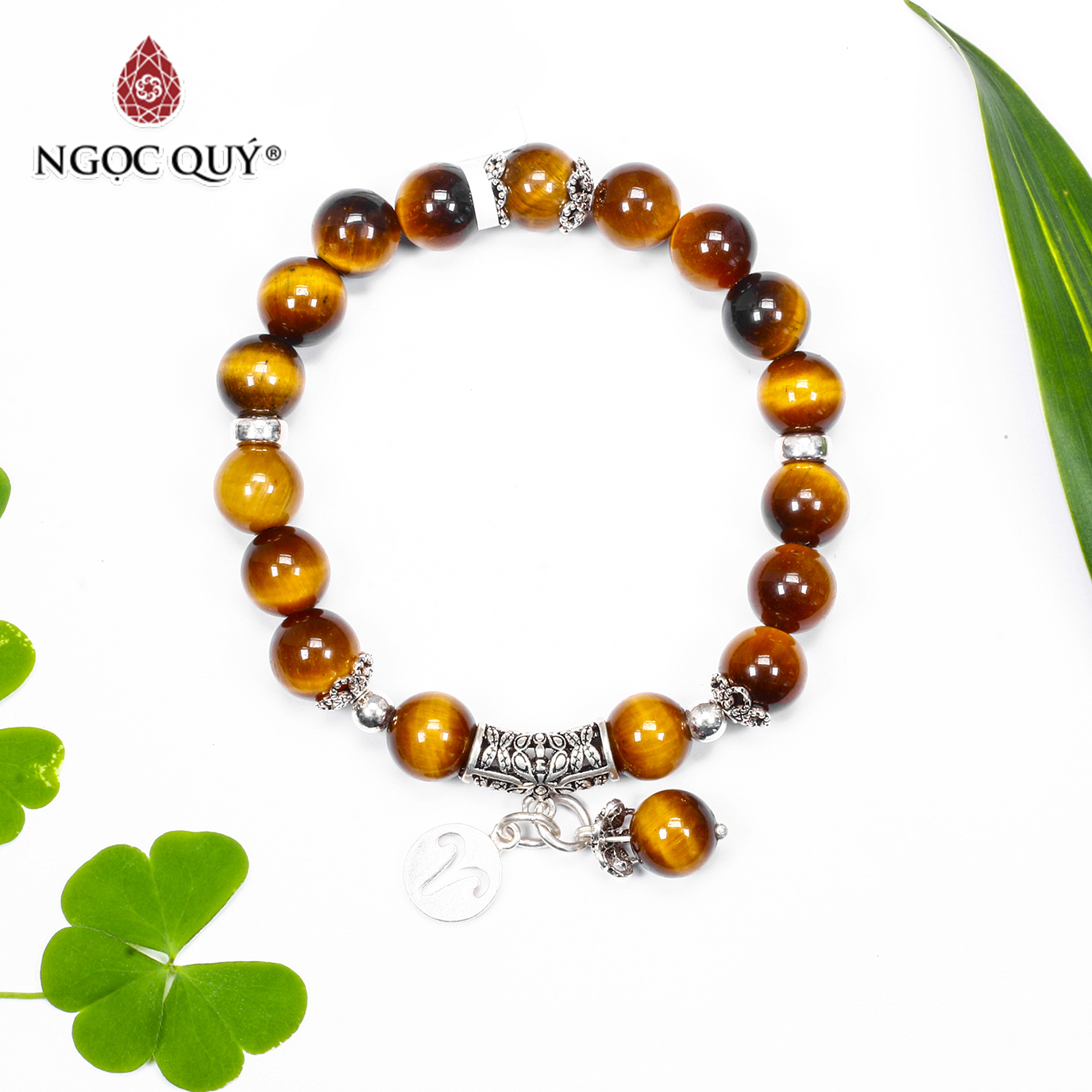 Vòng tay đá mắt hổ vàng nâu charm 12 cung hoàng đạo bạc size hạt 8mm - Ngọc Quý Gemstones