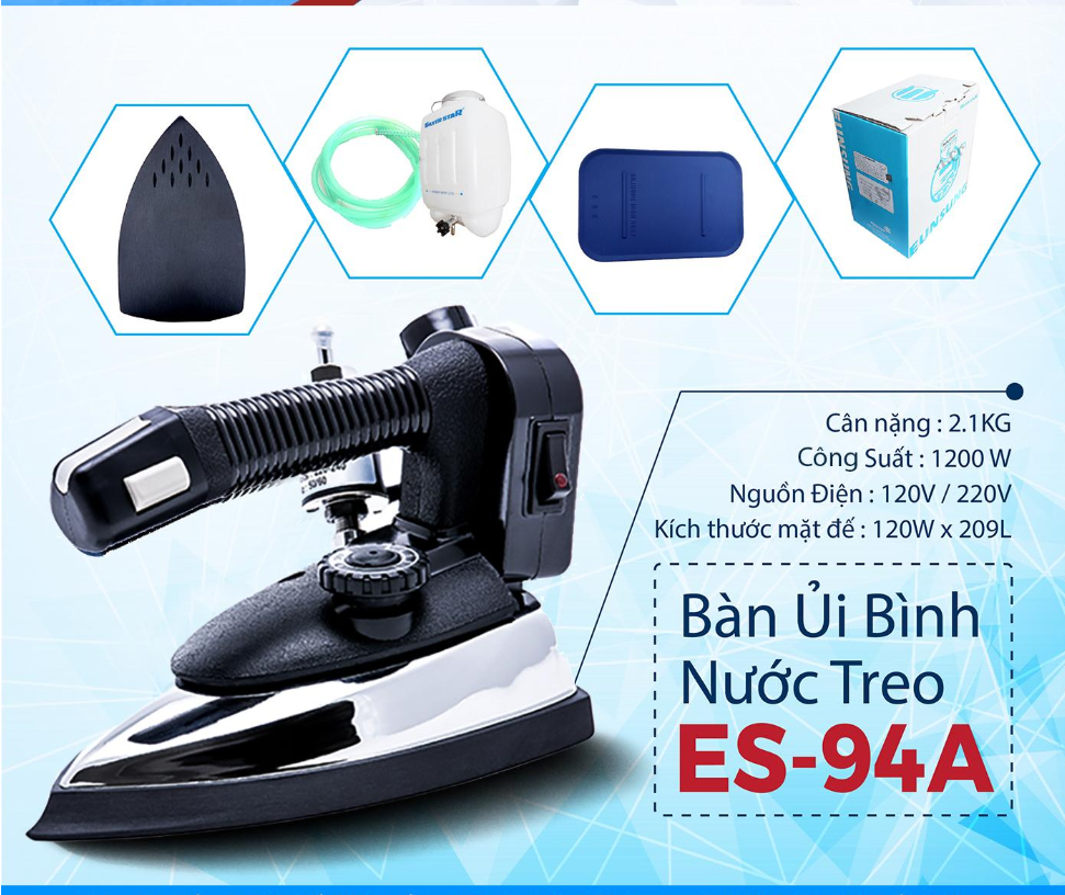 Bàn ủi hơi nước bình treo công nghiệp ES-94A Silver Star + Mặt nạ chống bóng vải - Hàng Chính Hãng