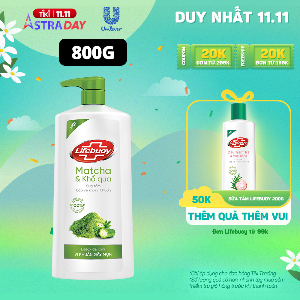 Sữa Tắm Lifebuoy Detox Và Sạch Sâu Khỏi Bụi Mịn Pm2.5 Detox Bảo Vệ Khỏi Vi Khuẩn Gây Mụn Cơ Thể Matcha &amp; Khổ Qua Chai 800G