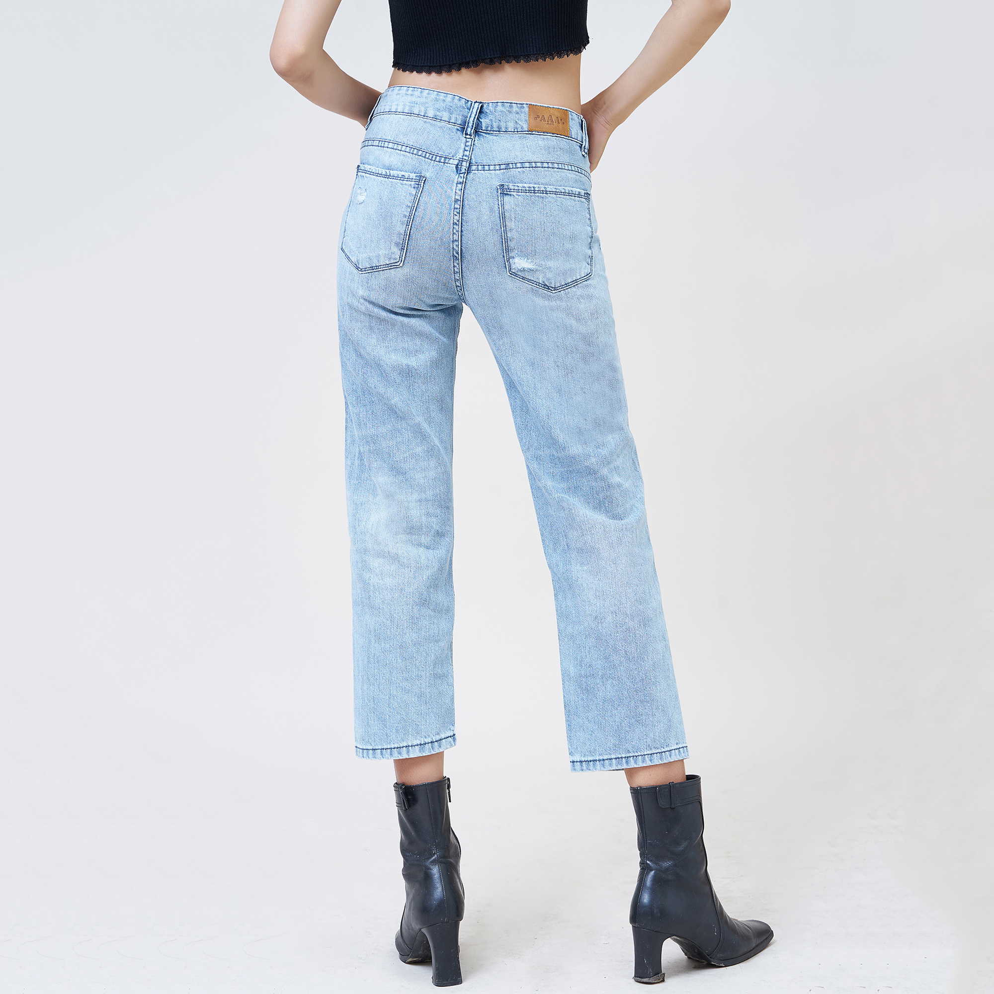 Quần jean nữ AAA JEANS boyfriend lưng cao rách silver blue