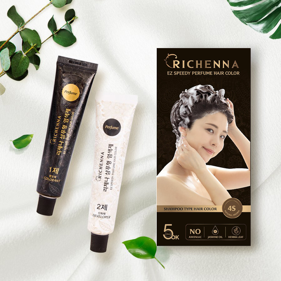Gội nhuộm phủ bạc thảo dược  Richenna EZ Speedy Perfume Hair Color hương nước hoa màu nâu hạt dẻ 60G