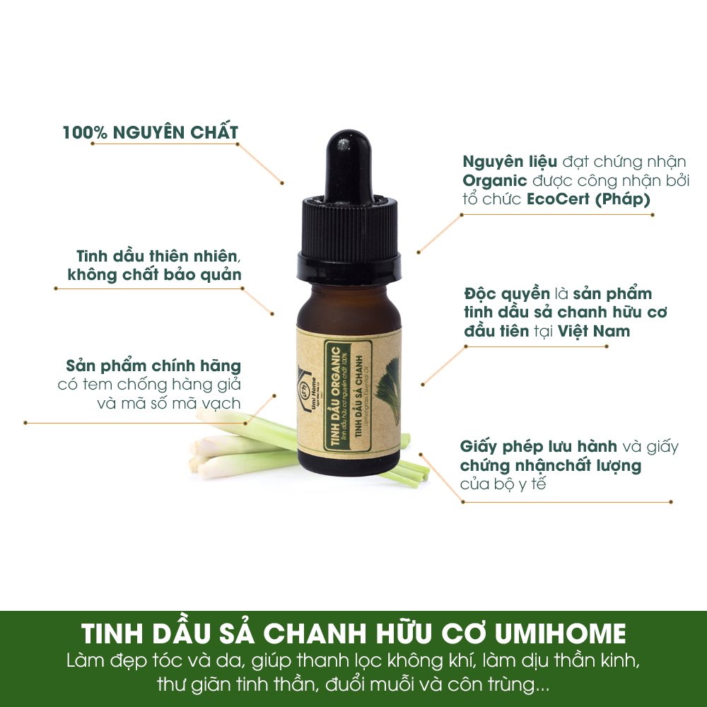 Tinh Dầu Sả Chanh Nguyên Chất UMIHOME | Lemongrass Essential Oil 100% Organic