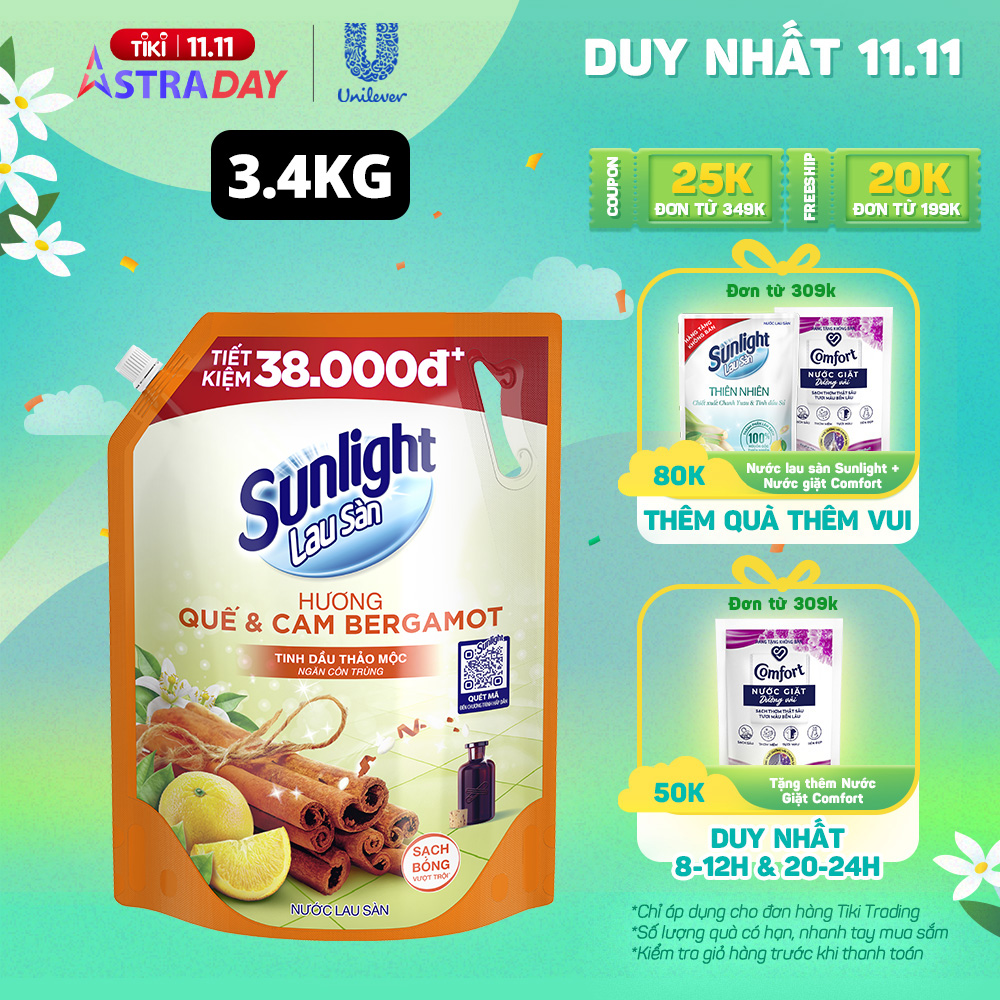 Nước lau sàn Sunlight Tinh dầu thảo mộc Ngăn côn trùng Hương Quế &amp; Cam Bergamot túi 3.4kg