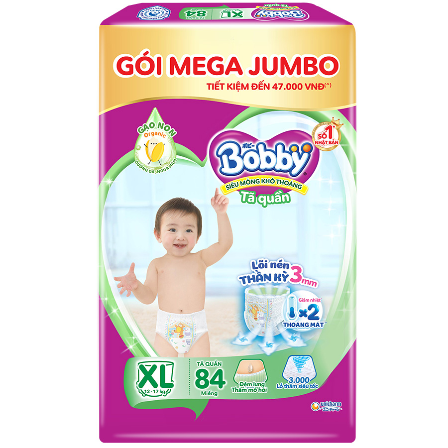 Tã/bỉm quần Bobby Lõi nén thần kỳ 3mm Mega Jumbo Gạo Non M112/L96/XL84/XXL76