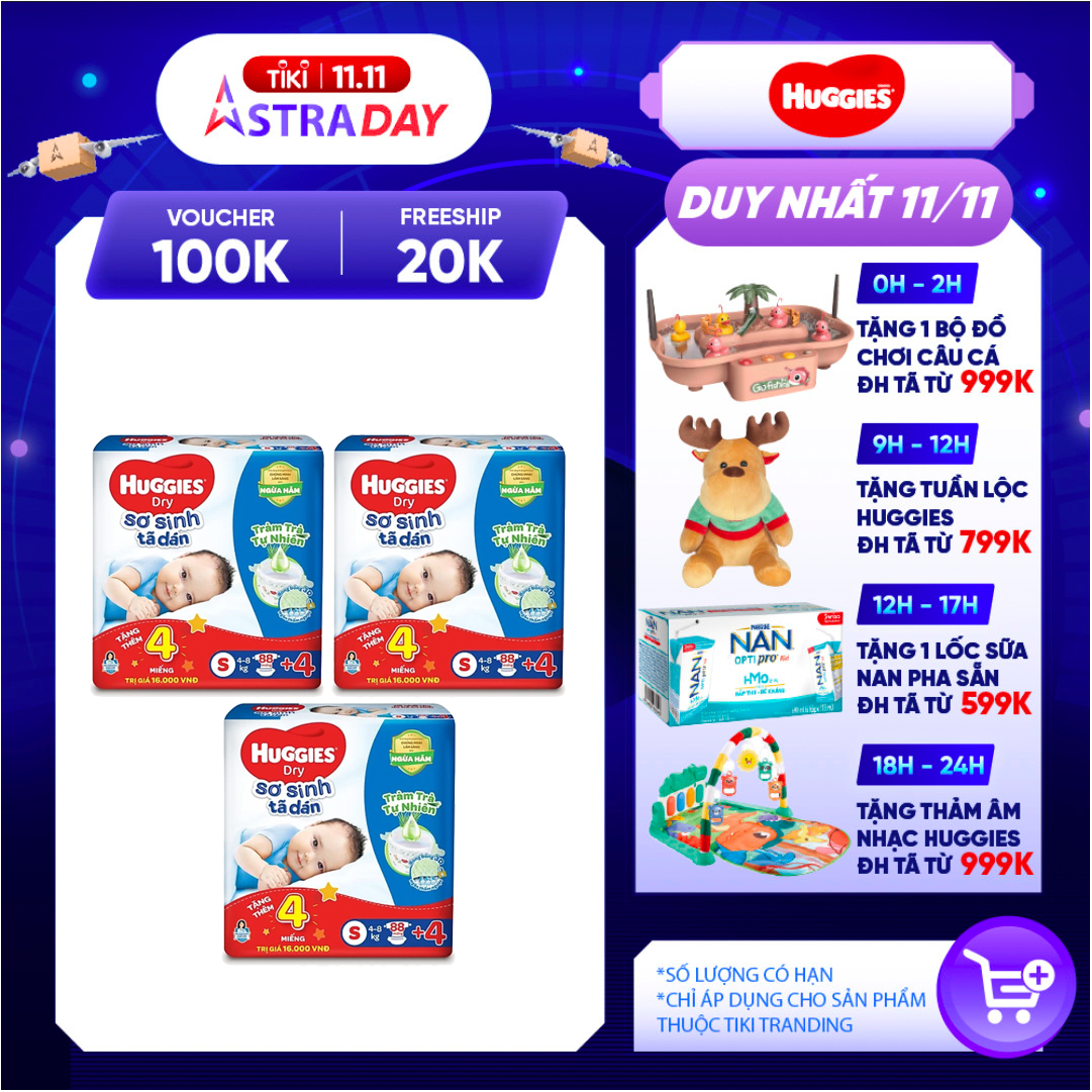 Combo 3 Tã dán sơ sinh Huggies mới (4kg-8kg) - Gói 88 miếng Tràm Trà + Tặng 4 miếng