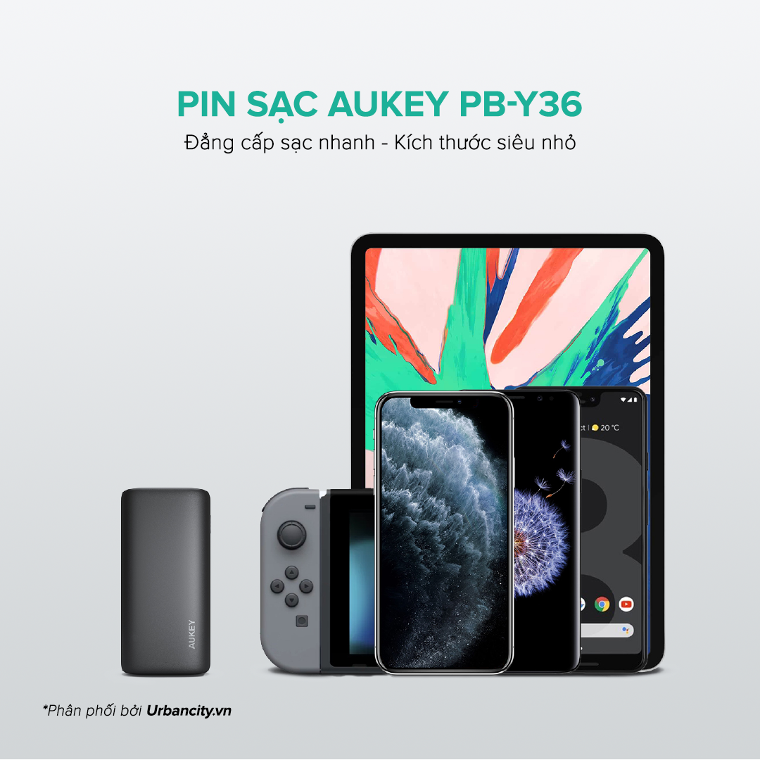 Pin Sạc Aukey PB-Y36 10.000 mAh Lõi Pin Tesla, Sạc Nhanh QC 3.0 Và PD 18W, Tích Hợp Đèn Báo Sạc Nhanh - Hàng Chính Hãng