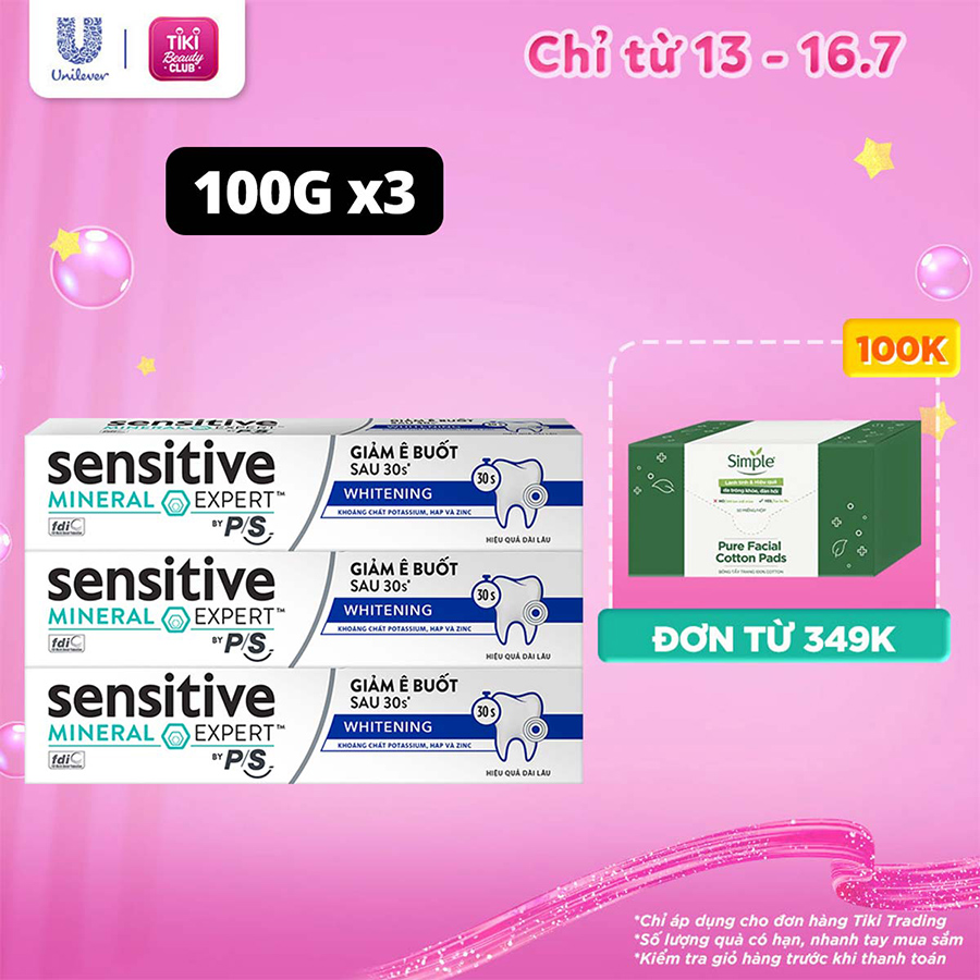 Bộ 3 Hộp Kem Đánh Răng P/S Giảm Ê Buốt Sau 30 Giây Sensitive Mineral Expert Whitening Với Tác Động Từ Khoáng 100G