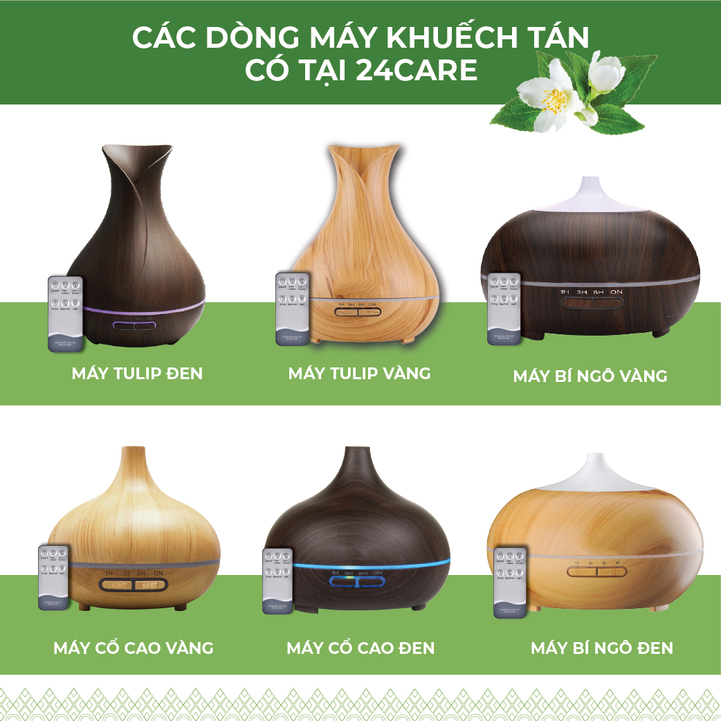 Máy khuếch tán Tinh Dầu 24Care Cổ Cao màu Vàng Ultrasonic 500ml, Tặng 3 Chai Tinh dầu Sả Chanh + Bạc Hà + Oải Hương 24Care 10ml | Xông Phòng | Kèm Remote Điều Khiển |Công nghệ siêu âm tiên tiến.