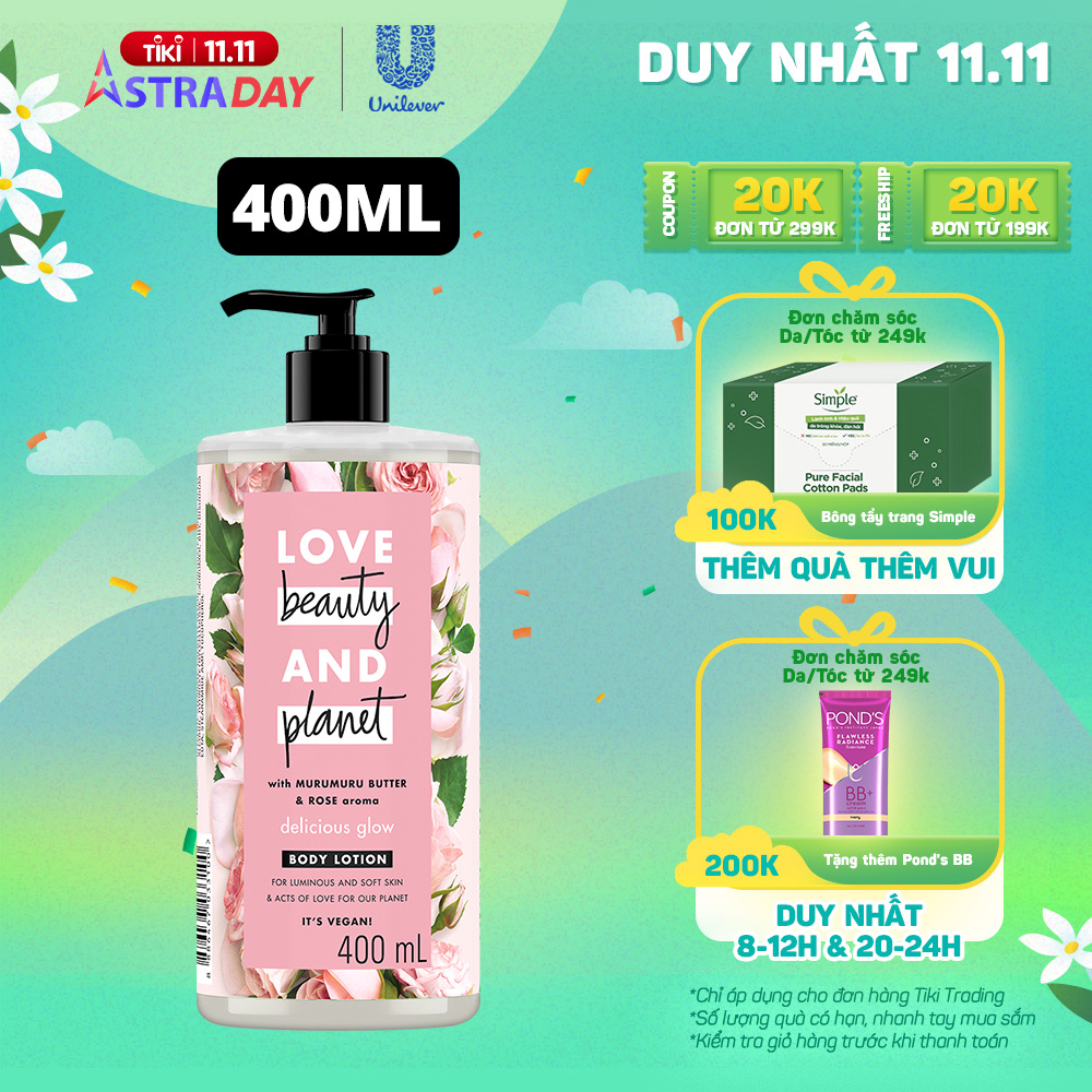 Sữa Dưỡng Thể 400Ml Love Beauty And Planet Làm Sáng Da Delicious Glow Với 100% Tinh Dầu Hoa Hồng Bulgaria