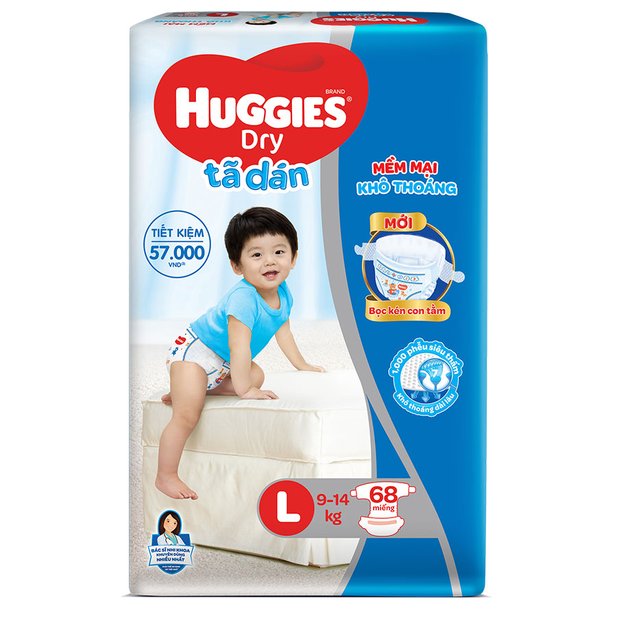 Tã Dán Huggies Dry Gói Cực Đại L68 (68 Miếng) - Bao Bì Mới