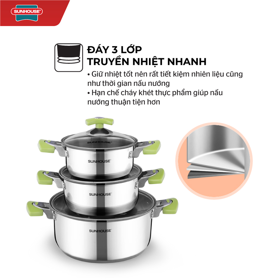 Bộ Nồi inox 3 đáy Sunhouse SH336 (16cm, 18cm, 24cm) - Dùng cho mọi loại bếp - Hàng chính hãng