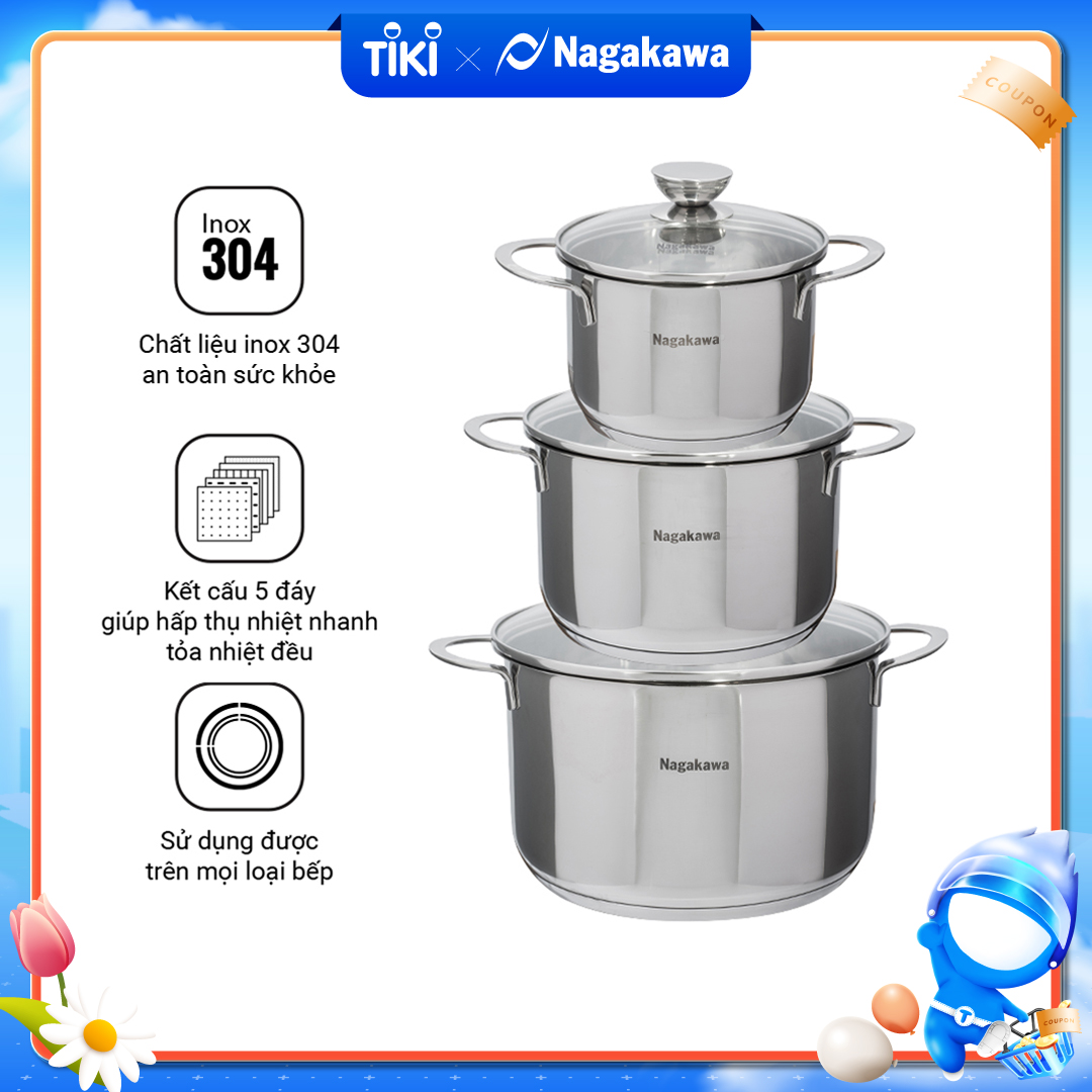 Bộ 3 Nồi Inox 304 Đáy Từ 5 Đáy Nagakawa NAG1351 (16cm, 20cm, 24cm) - Hàng Chính Hãng