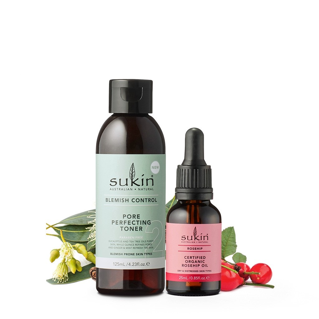 Combo Sukin Phục Hồi Da Tổn Thương Nước Hoa Hồng Blemish Toner 125ml + Tinh Dầu Nụ Tầm Xuân Rosehip Oil 25ml
