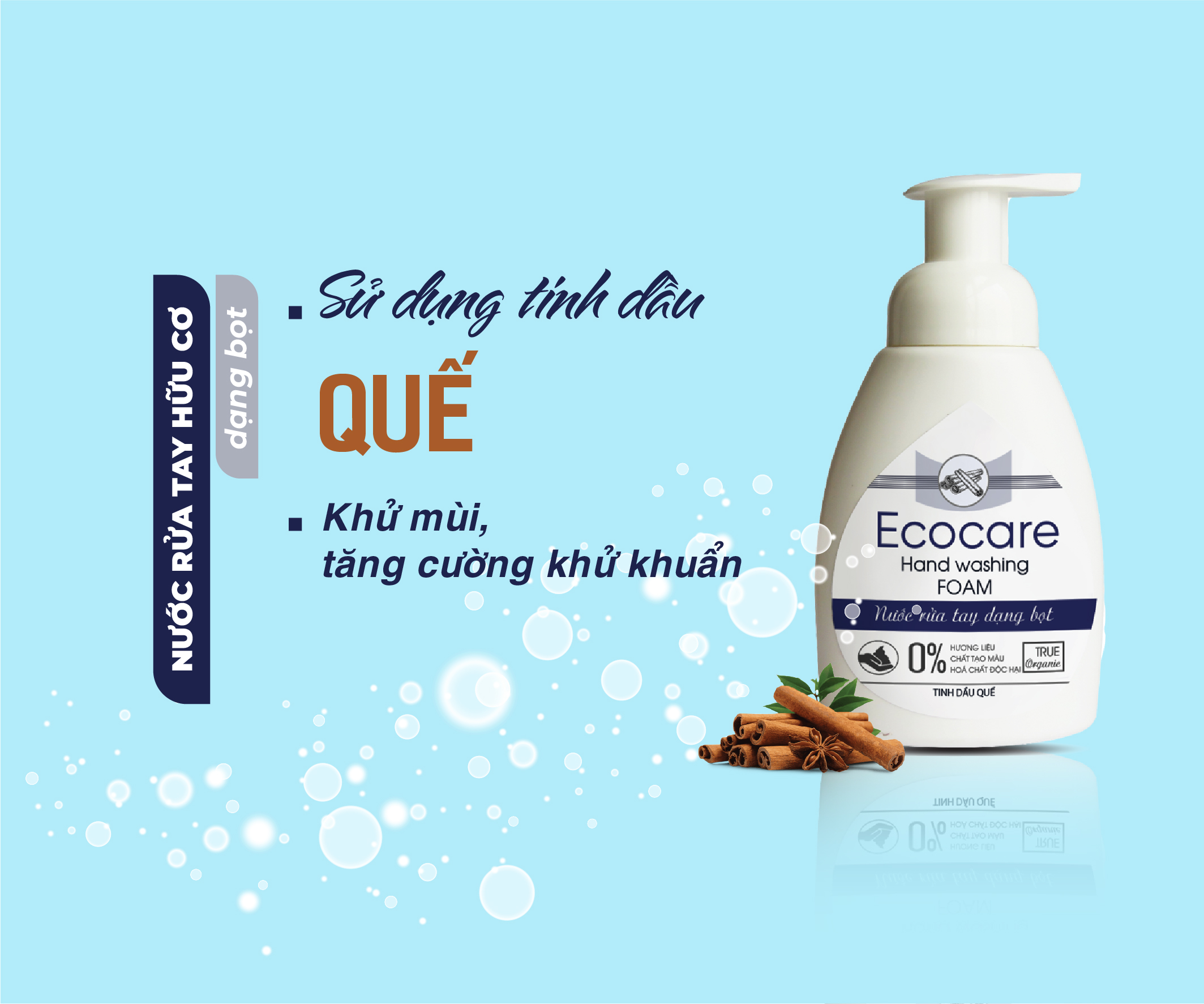 Nước rửa tay hữu cơ diệt khuẩn dạng bọt tinh dầu Quế 250ml thương hiệu Ecocare