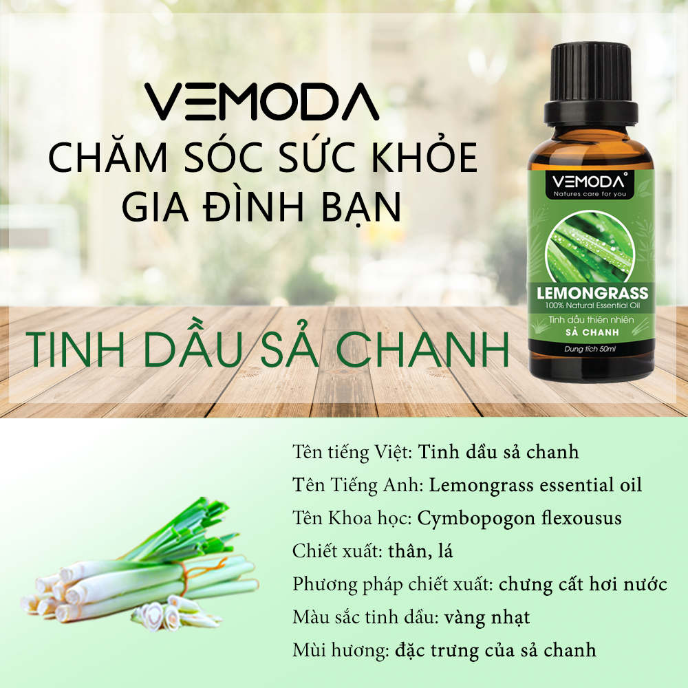 Tinh dầu Sả chanh cao cấp 50ML Lemongrass. Tinh dầu xông phòng Vemoda giúp thanh lọc không khí, khử mùi, kháng khuẩn, đuổi muỗi, giải cảm, làm đẹp. Tinh dầu thiên nhiên sả chanh