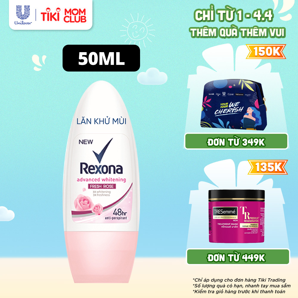 Lăn khử mùi Rexona Whitening Fresh Rose dưỡng sáng tự nhiên hương hoa hồng dành cho nữ, 50ml