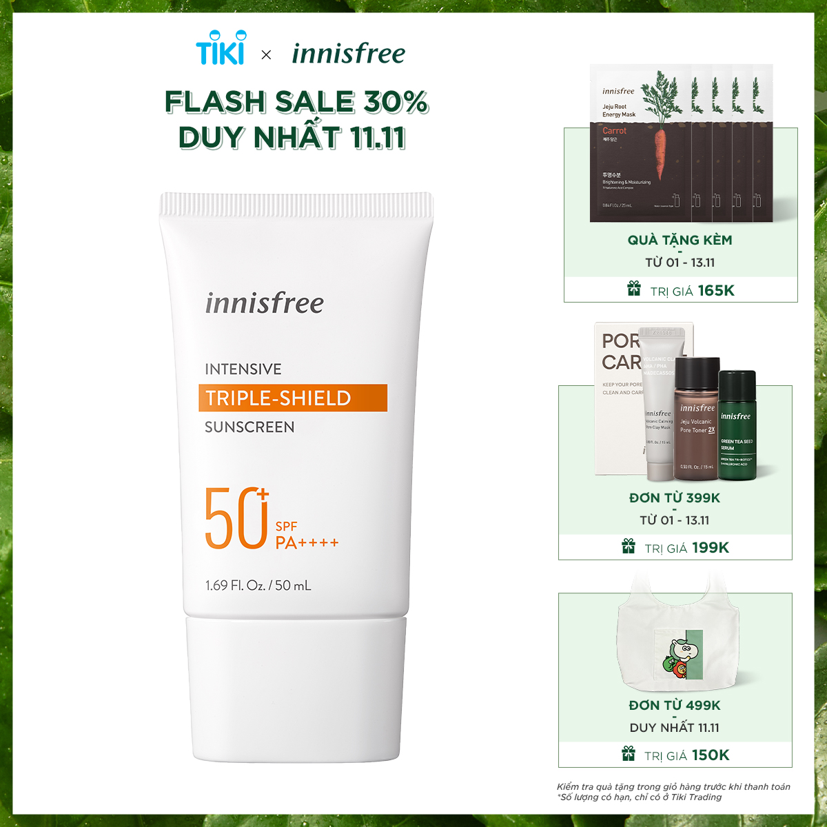 Kem chống nắng lâu trôi làm sáng da innisfree Intensive Triple Shield Sunscreen SPF50+ PA++++  50ml