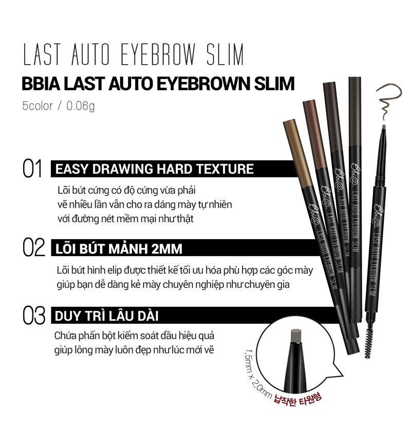 Kẻ chân mày Bbia Last Auto Eyebrow Slim 0.06g (5 màu)