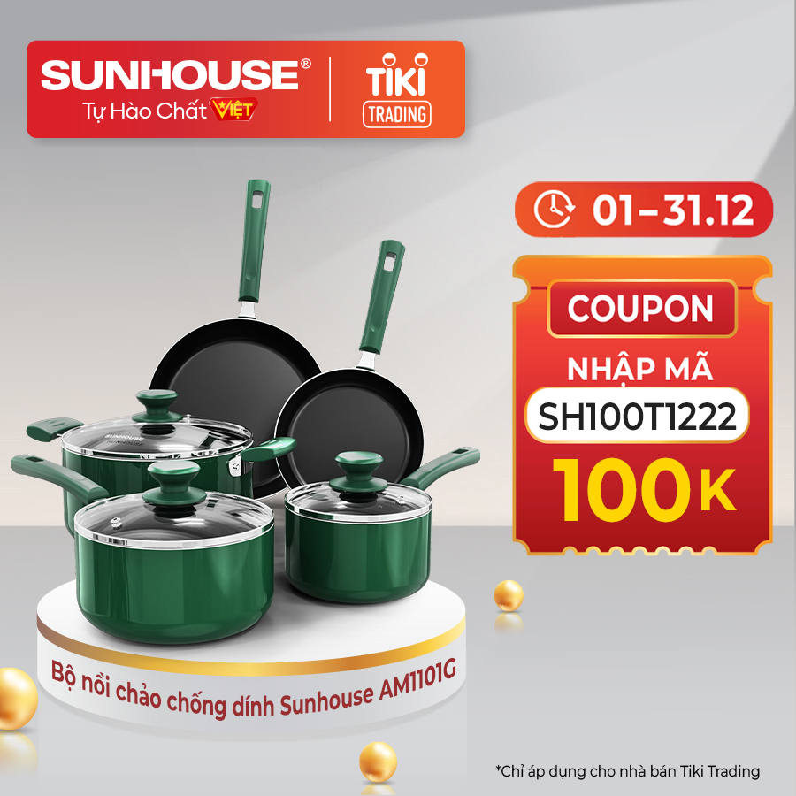 Bộ nồi chảo chống dính Sunhouse cao cấp AM1101G 8 món - Tiêu chuẩn Mỹ ( 1 chảo size 20cm, 1 chảo size 20cm, 1 quánh size 16cm , 1 quánh 20cm , 1 nồi size 24cm , 3 vung nồi các size 16/20/24cm)