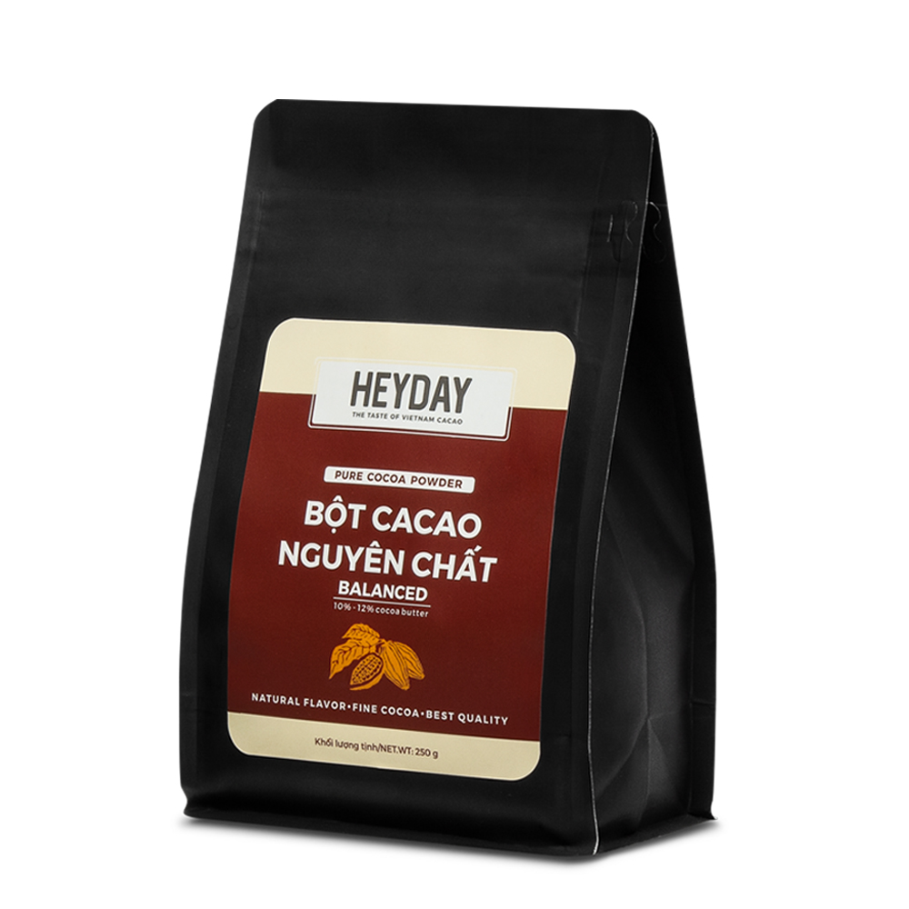 Bột cacao nguyên chất 100% Việt Nam - Dòng Balanced phổ thông túi 250g - Chuyên dùng làm bánh, pha chế cho quán cà phê - Heyday Cacao