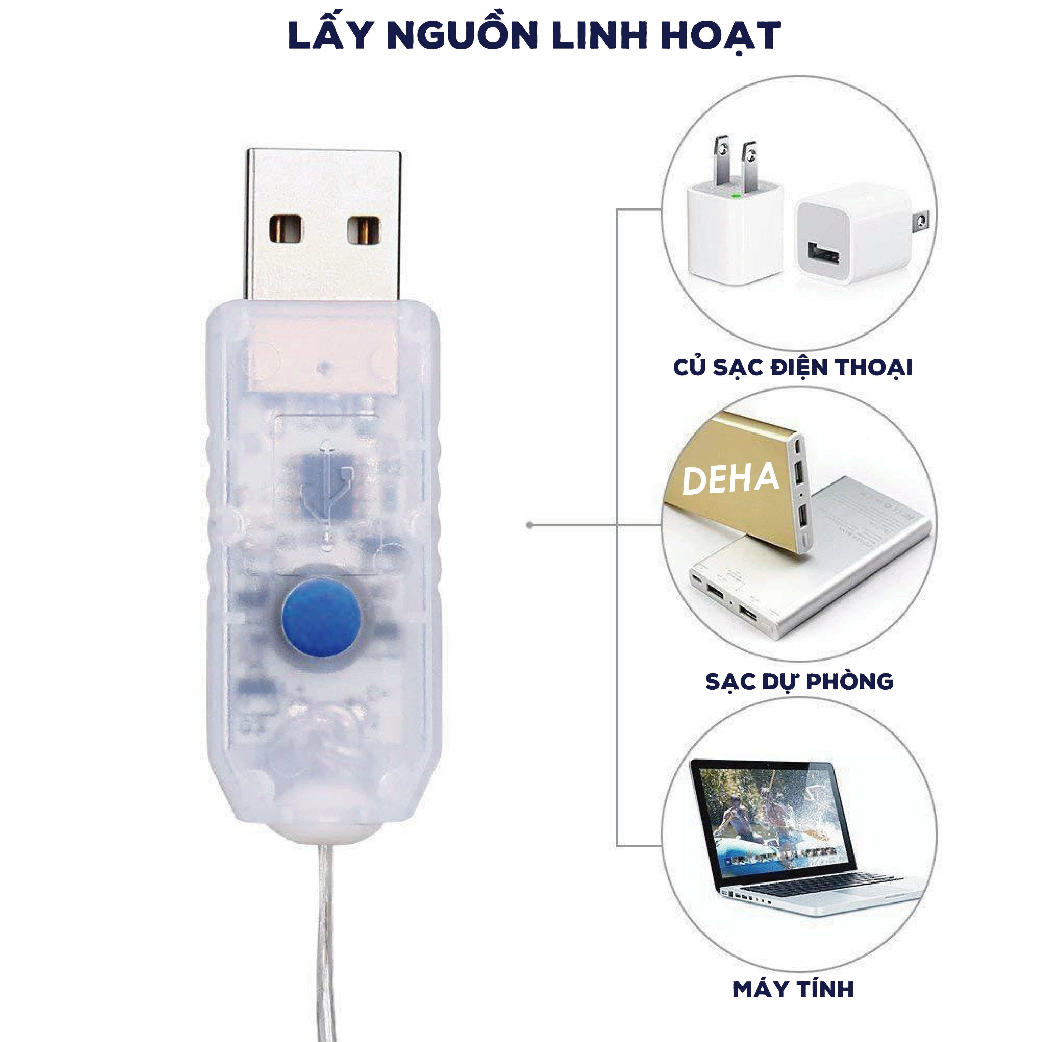 Dây đèn nháy Led đom đóm trang trí nguồn USB Điều khiển từ xa chọn 8 chế độ nháy màu vàng nắng, bóng đèn nháy cao cấp decor nhà cửa, lễ tết, lều trại du lịch