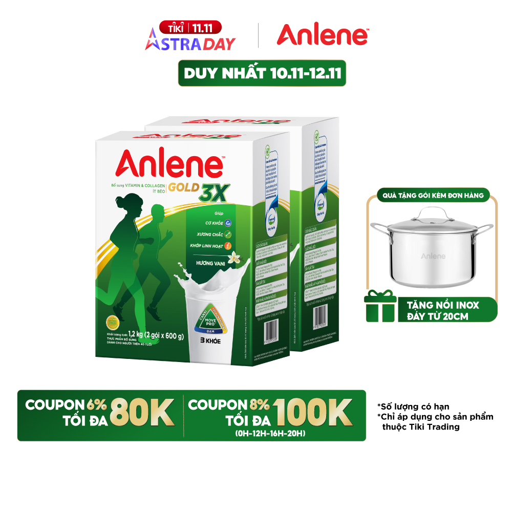 Combo 2 Sữa Bột Anlene Gold 3X Hương Vanilla (Hộp giấy 1200g) - Tặng 1 hộp Anlene 3X tiện lợi 8gói*35g