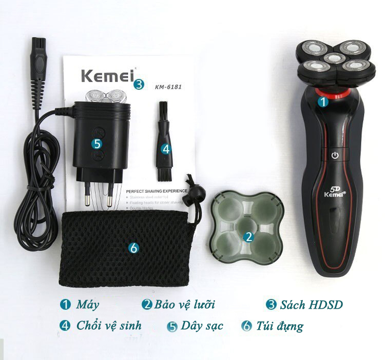 Máy cạo râu 5D Kemei KM-6181 chống thấm nước có thể cạo khô và ướt, có đầu tỉa phụ dùng tỉa tóc mai, ria mép tiện lợi