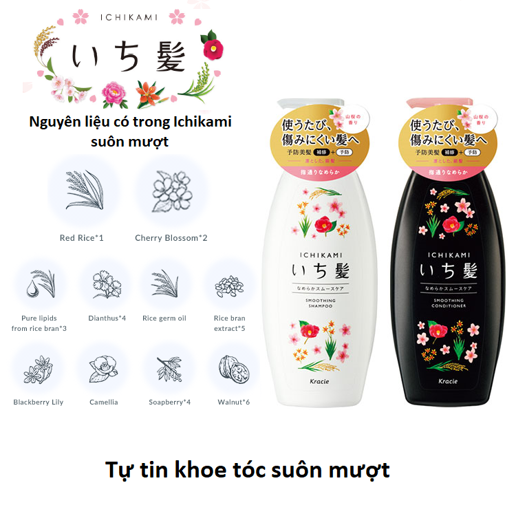 Combo Dầu Gội Và Dầu Xả Kracie Ichikami Dưỡng Tóc Suôn Mượt  Nhật Bản 480ml