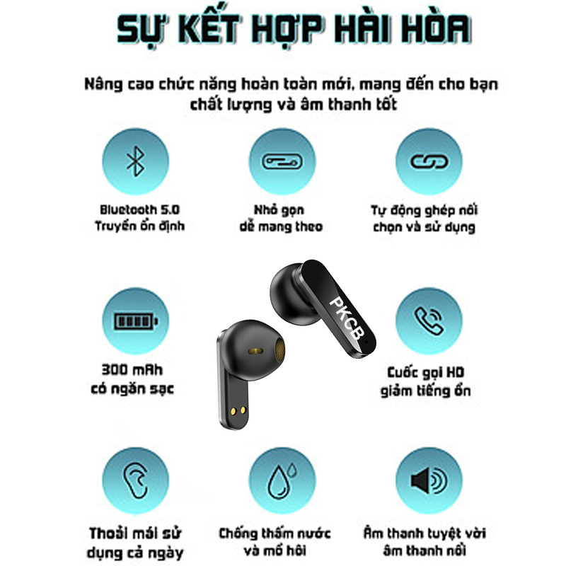 Tai Nghe Không Dây TWS Bluetooth 5.0 Stereo Thể Thao Không Thấm Nước Earbuds Điều Khiển Cảm Ứng Tai Nghe Có Microphone PKCB - Hàng Chính Hãng