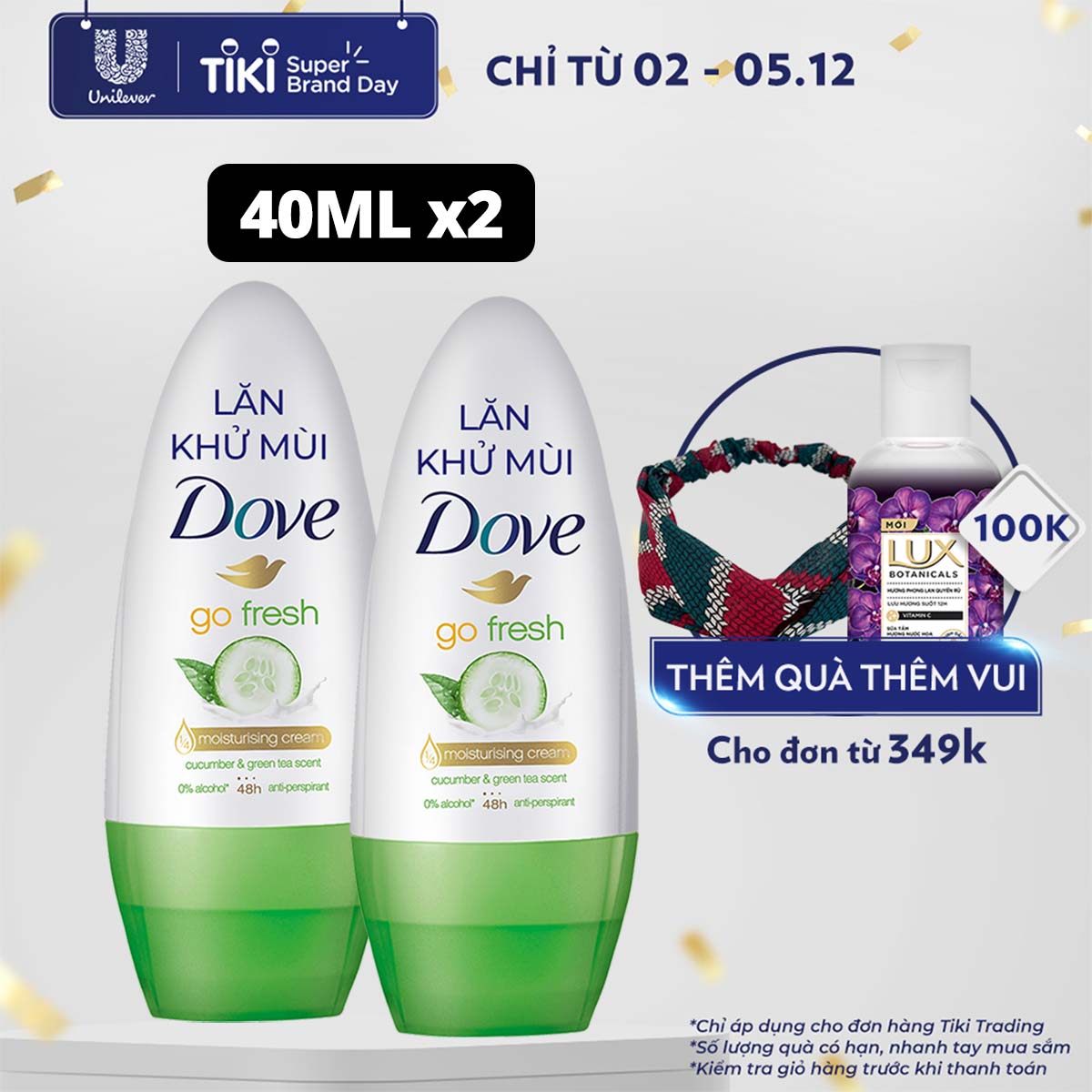 Combo 2 Lăn khử mùi Dove Go Fresh Hương dưa leo &amp; trà xanh Dưỡng da Sáng mịn dành cho nữ, 40ml