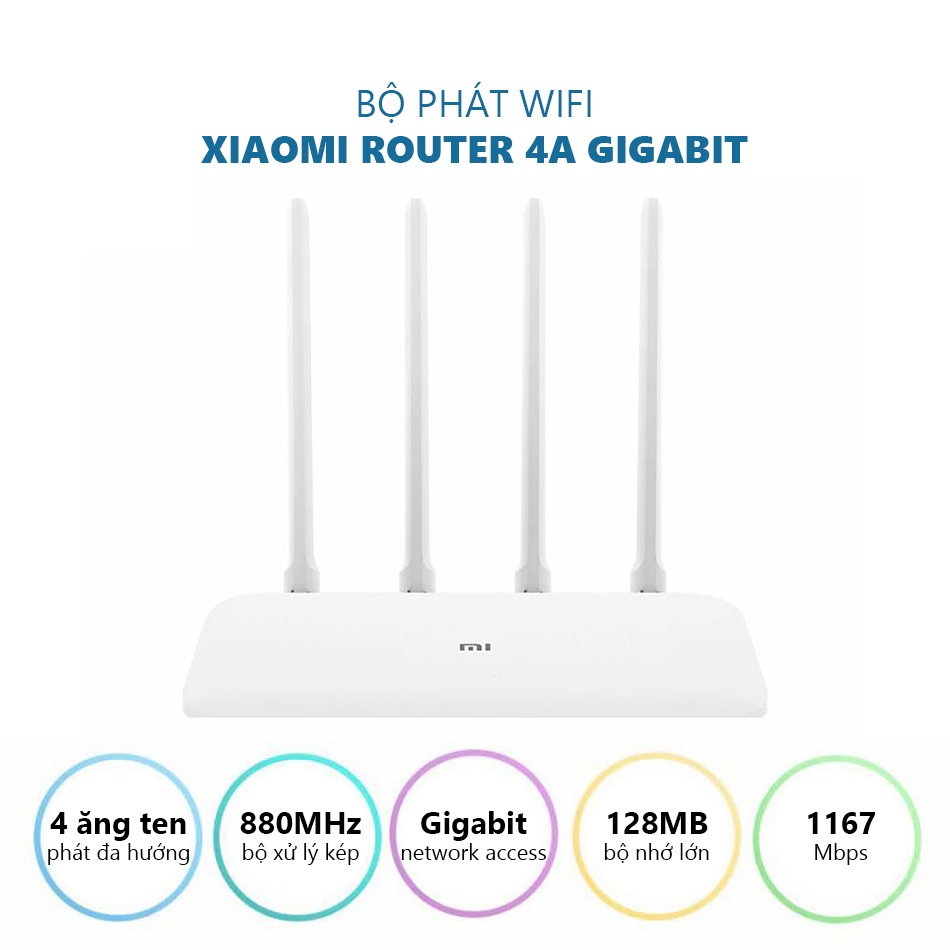 Bộ Phát Wifi Xiaomi Router 4A Gigabit Công Suất 2.4 GHz và 5 Ghz 4 Angten 16MB ROM 128 RAM DDR3 - Hàng nhập khẩu