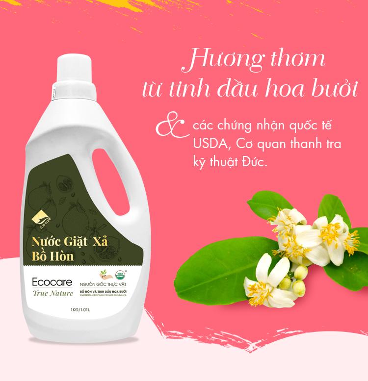 Nước giặt xả hữu cơ Bồ Hòn Ecocare tinh dầu Hoa Bưởi  2000ml