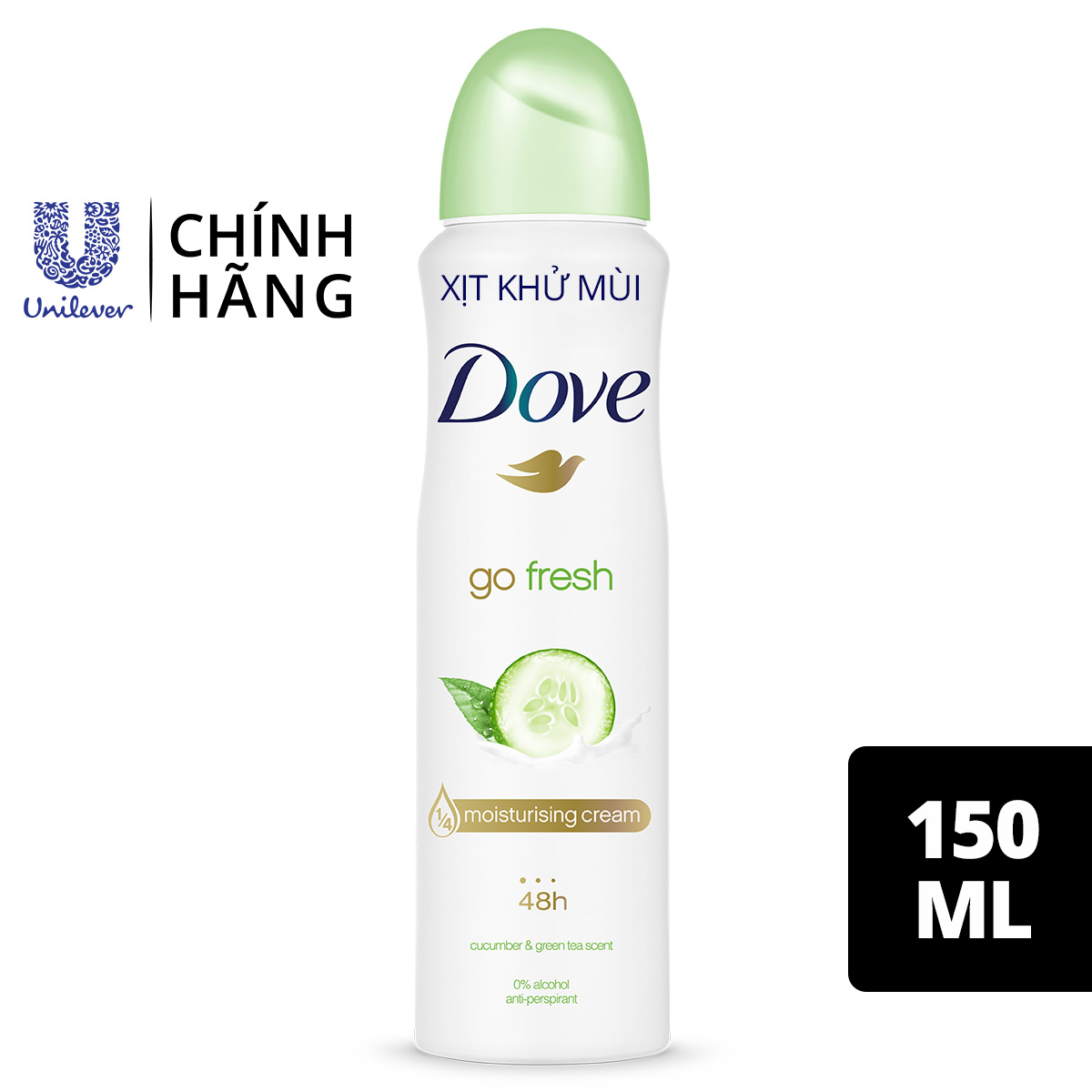 Xịt Khử Mùi Dove Go Fresh Dưỡng Da Sáng Mịn - Dưa Leo &amp; Trà Xanh (150ml)