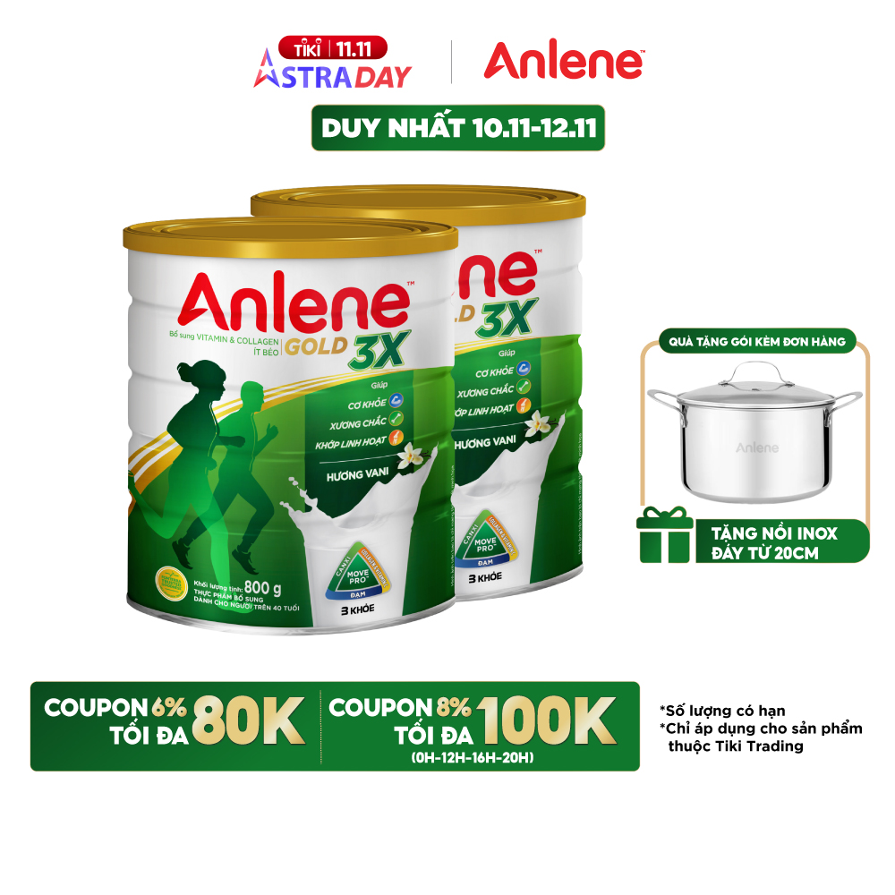 Combo 2 Sữa Bột Anlene Gold 3X Hương Vanilla (Hộp thiếc 800g) - Tặng 1 hộp Anlene 3X tiện lợi 8gói*35g