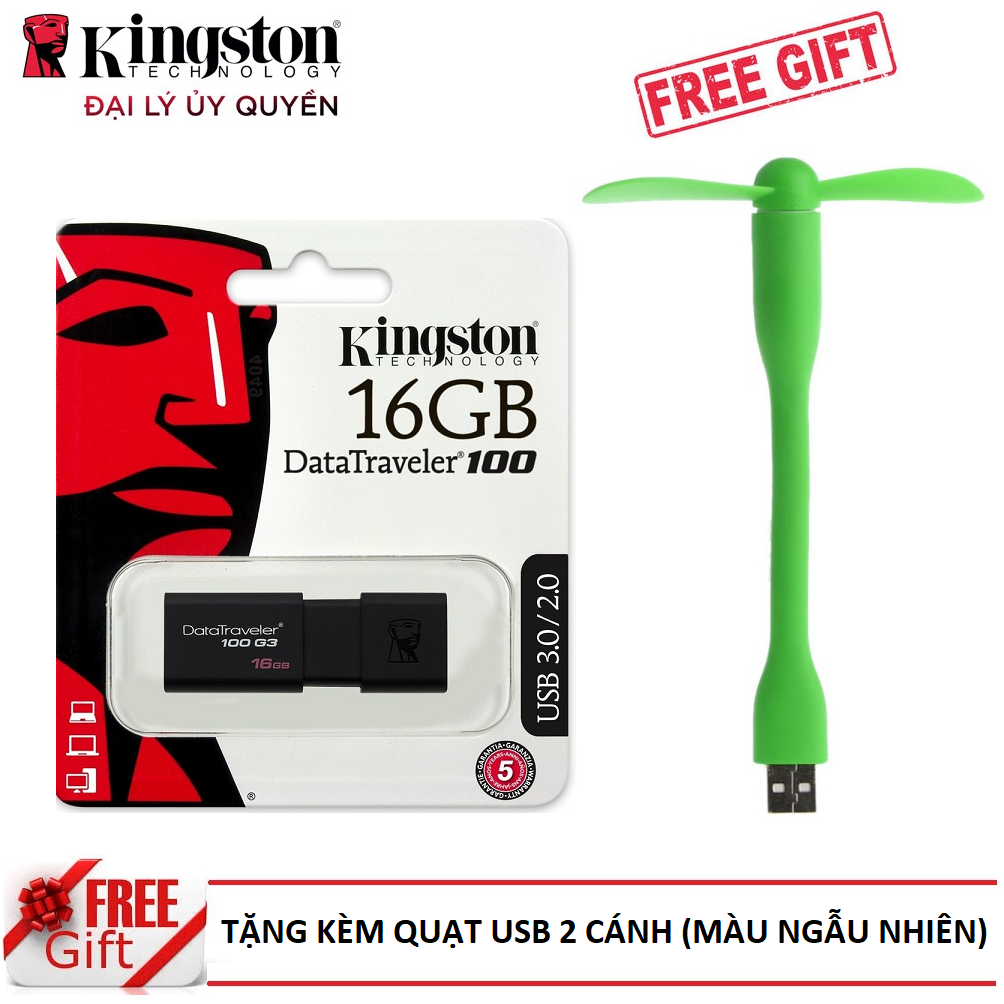 USB 3.0 16gb Kingston DT100G3 - Hàng Chính Hãng + Tặng quạt USB 2 cánh