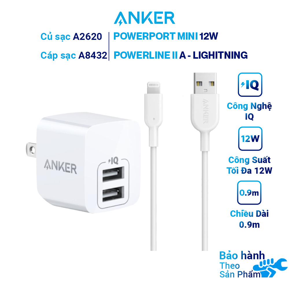 Combo Sạc Cho iPhone Anker 12W 2 cổng A2620 + Cáp Lightning A8432H11 0,9m Chuẩn MFi - Hàng Chính Hãng