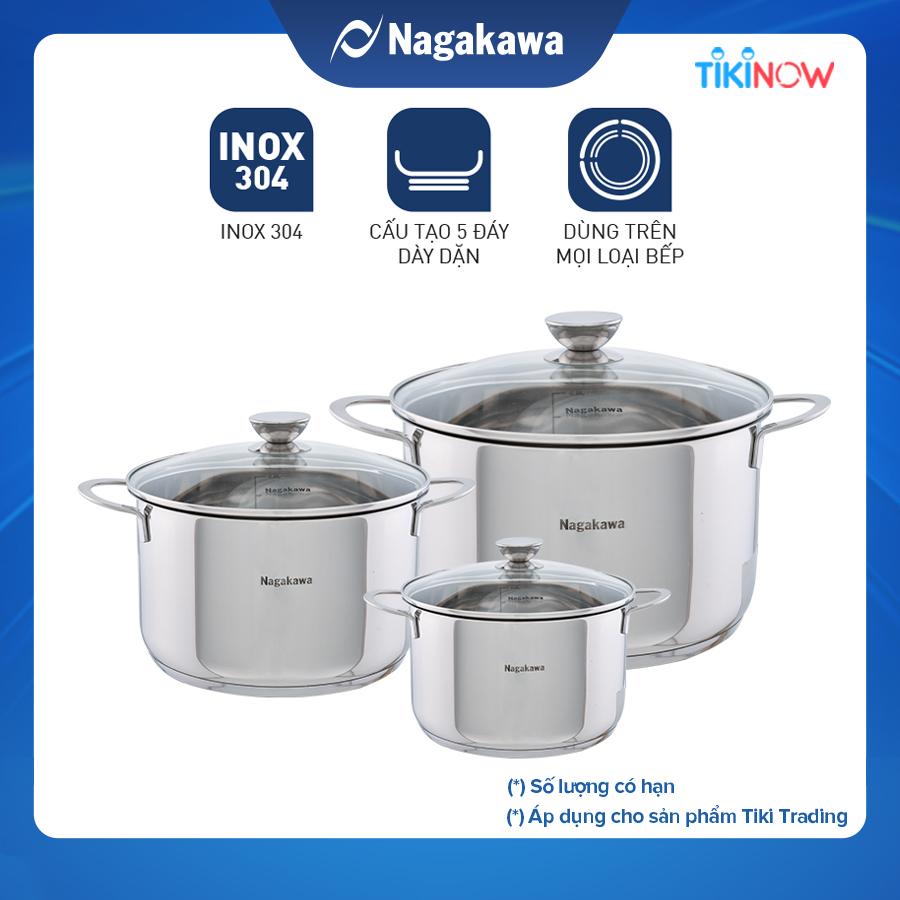 Bộ 3 Nồi Inox 304 Đáy Từ 5 Đáy Nagakawa NAG1351 (16cm, 20cm, 24cm) - Hàng Chính Hãng