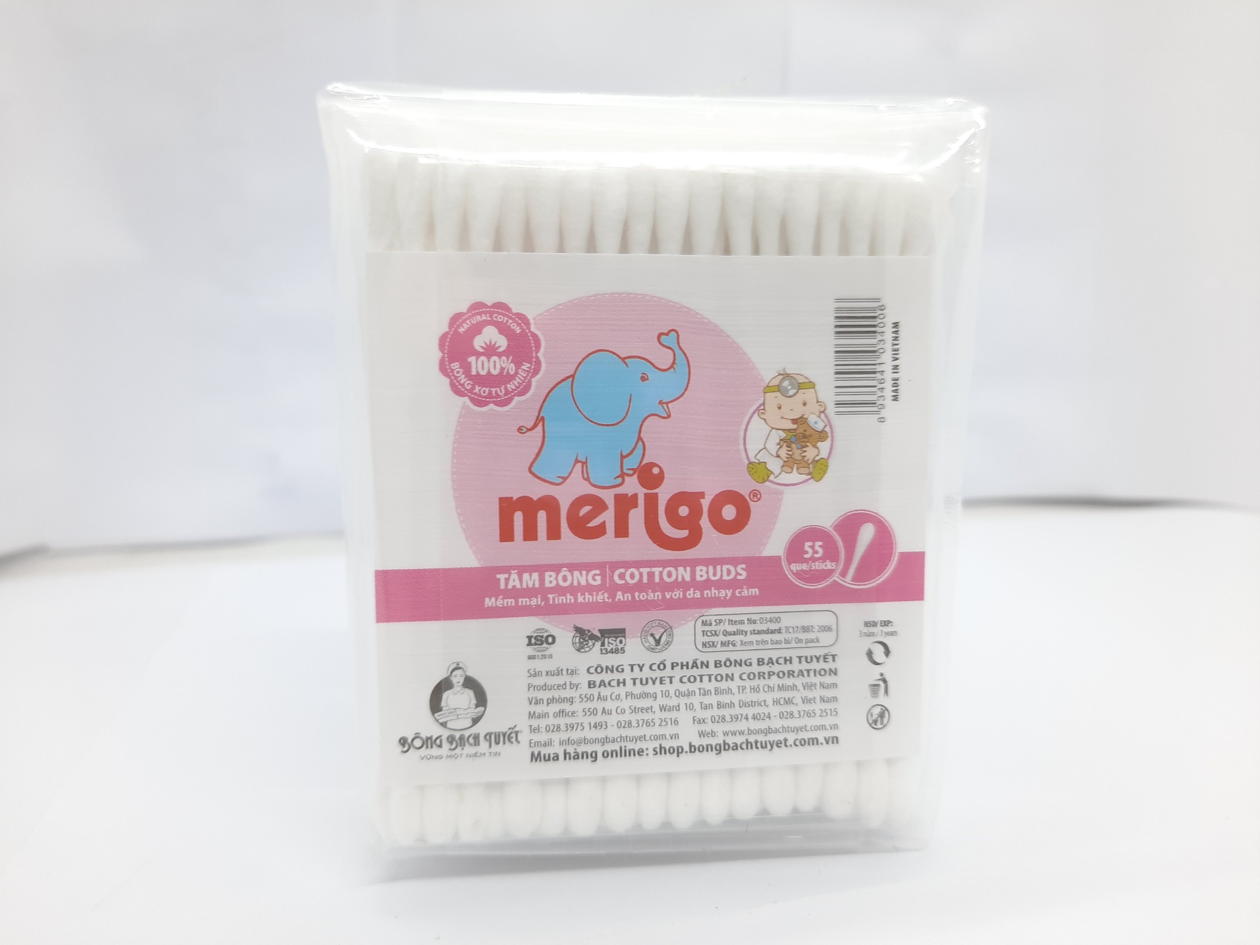 LỐC 4 GÓI TĂM BÔNG MERIGO GÓI 55 QUE TẶNG 10 KHẨU TRANG