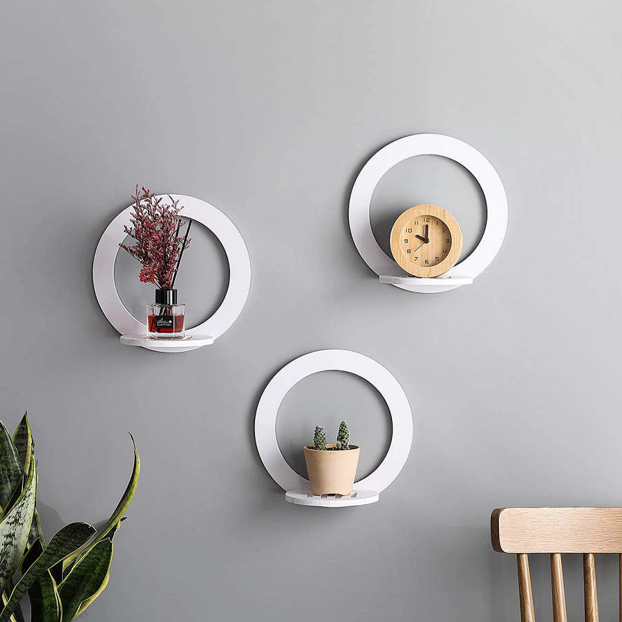 Bộ 3 chi tiết kệ trang trí dán tường hình vuông tròn chất liệu nhựa gỗ